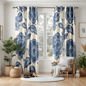 Navy Blue Floral Blackout Curtains, Classic Chinoiserie Style Window Panels, Cream Botanical Drapes for Living Room Decor