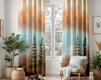 Mountain Forest Window Curtains, Rustic Nature Scene Drapes, Sunset and Tree Print Panels, Cozy Cabin Living Room Decor