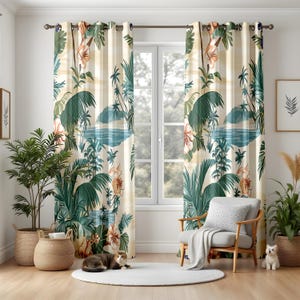 Watercolor Teal Living Room Curtains, Coastal Blue Gradient Drapes, Modern Scallop Pattern Window Panels, Blackout or Thermal