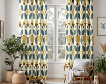 Retro Mid-Century Modern Floral Living Room Curtains, Teal & Mustard Geometric Drapes, Vintage Geometric Botanical Drapes, Made-to-Measure