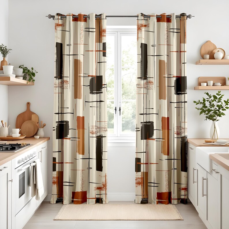 Rectangular Curtains Modern Abstract Living Room Curtains, Terracotta and Brown Block Print ...