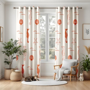 Seahorse Beach Curtains for Kids Room, Nautical Orange Coastal Drapes, Sea Life Shell and Starfish Panels