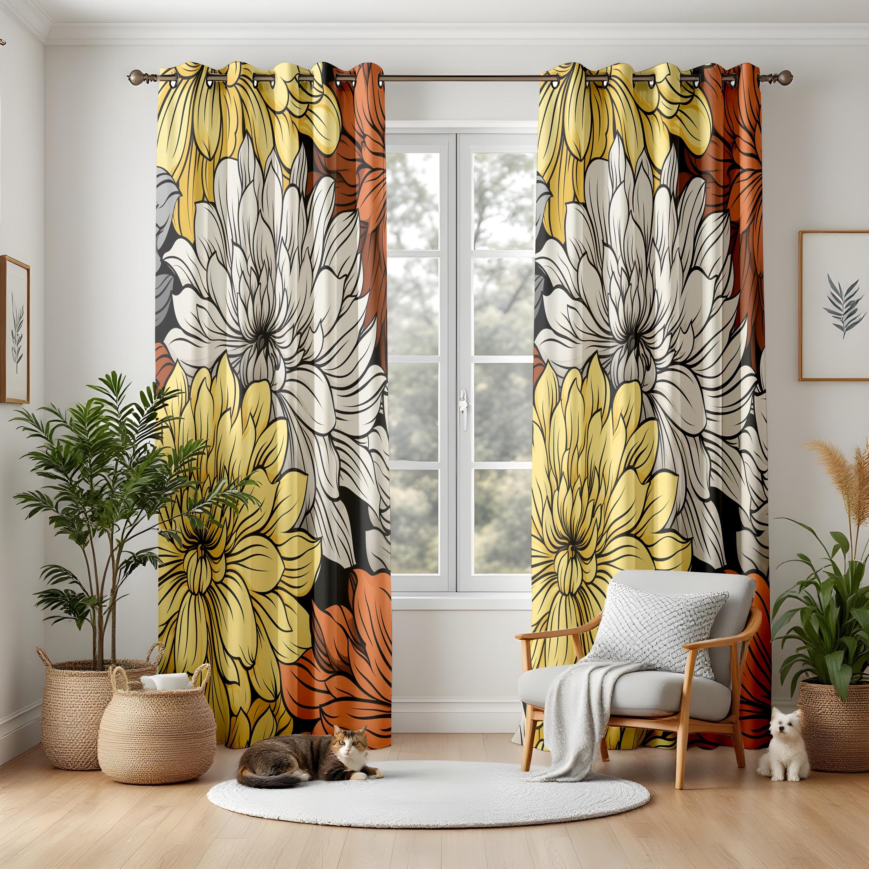 ミッドセンチュリーモダン遮光カーテン、ポップアート花柄リビング