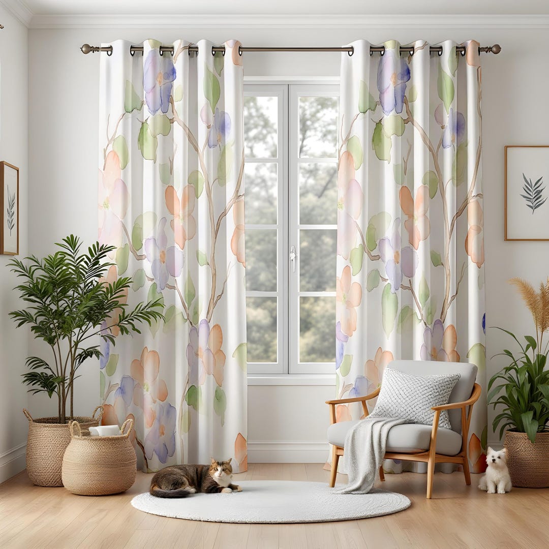 Spring Color Drape Pastel Floral Curtains for Living Room, Watercolor Botanical Window ...