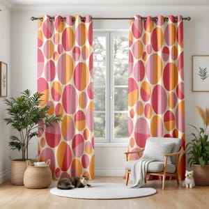 Retro Abstract Blackout Curtains, Mid-Century Pink Orange Oval Drapes, Geometric Pattern Window Panels, Unique Home Decor