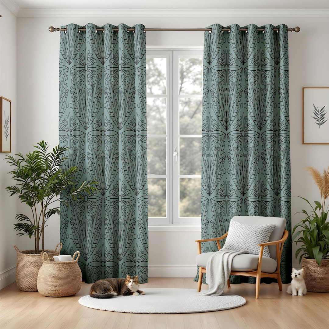 Art Deco Floral Blackout Curtains, Stylized Leaf Living Room Drapes ...