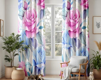 Pink & Blue Floral Blackout Curtains, Watercolor Rose Drapes for Living Room and Nursery, Romantic Flower Panels, Custom Size