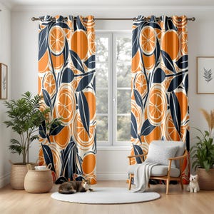 Citrus Fruit Curtains for Kitchen or Living Room, Orange Slice and Leaf Print Drapes, Retro Tropical Window Panels