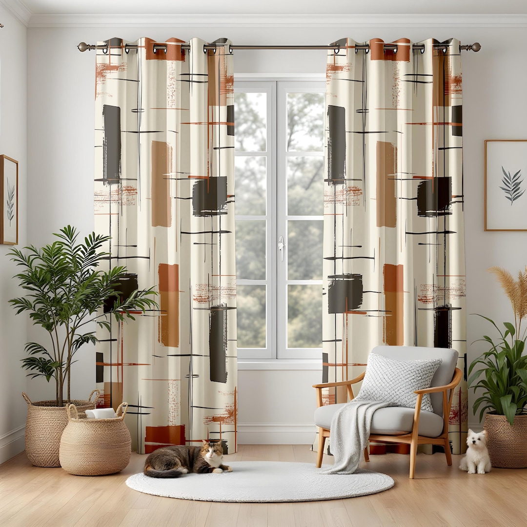 Modern Abstract Living Room Curtains, Terracotta and Brown Block Print ...