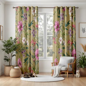 Olive Green Floral Blackout Curtains, Vibrant Magenta and Purple Flower Window Panels for Living Room & Nursery Decor, Custom Drapes