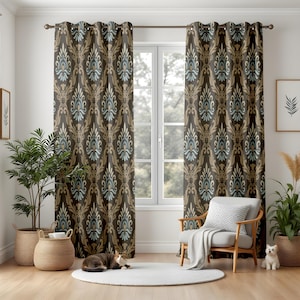 Traditionele damastgordijnen voor woonkamer, bruine en blauwe gordijnen met barokke print, klassieke raampanelen, elegant vintage decor