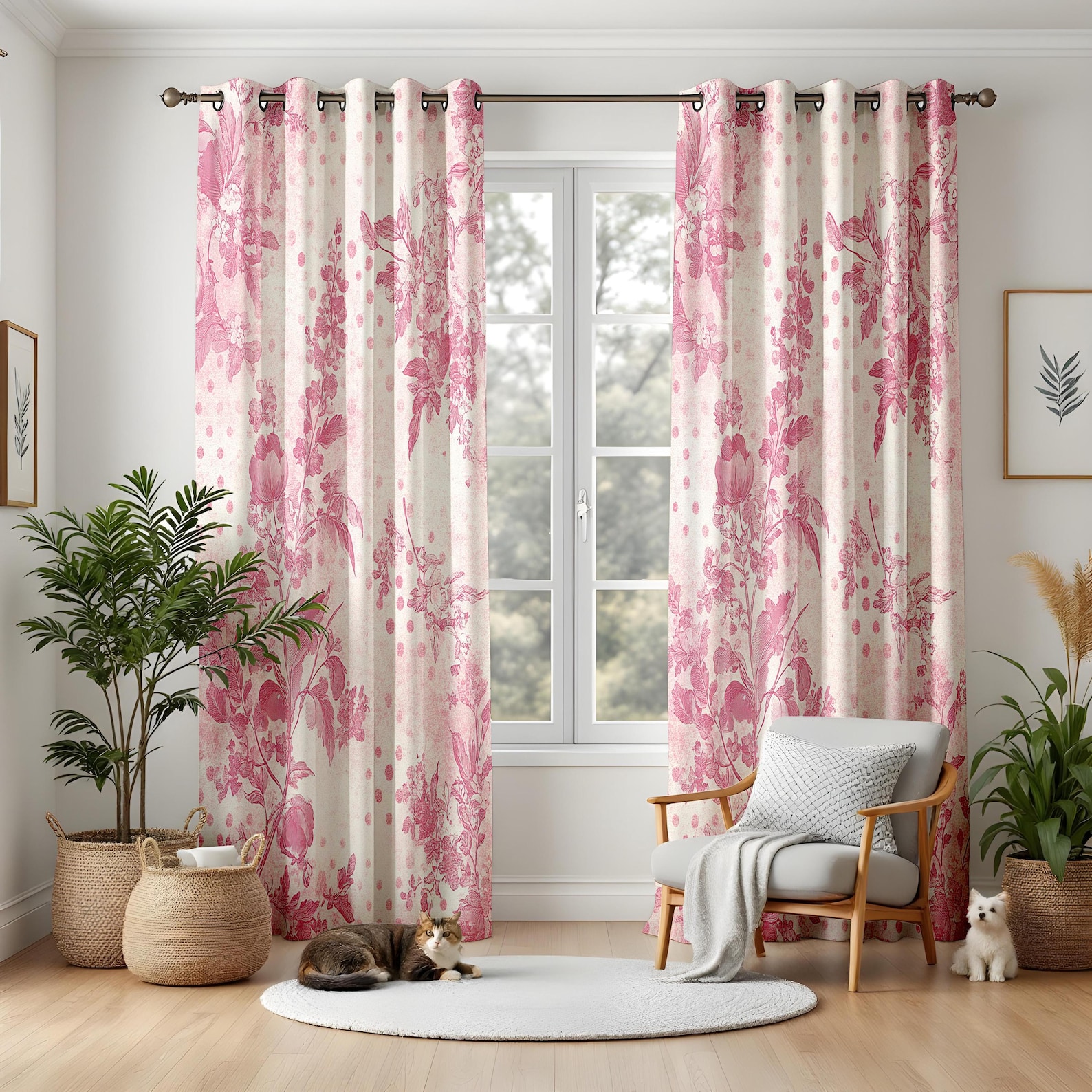 Vintage Pink Floral Living Room Curtains, Romantic Botanical Print