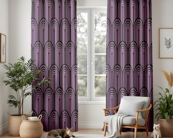 Cortinas de salón estilo art déco en color púrpura, paneles geométricos glamurosos para ventanas, cortinas modernas y llamativas, cortinas térmicas a medida.