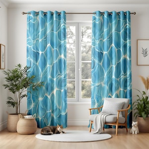 Blue Water Pool Pattern Curtains, Aqua Living Room Drapes, Coastal Beach Window Panels, Light and Flowing Ocean Decor