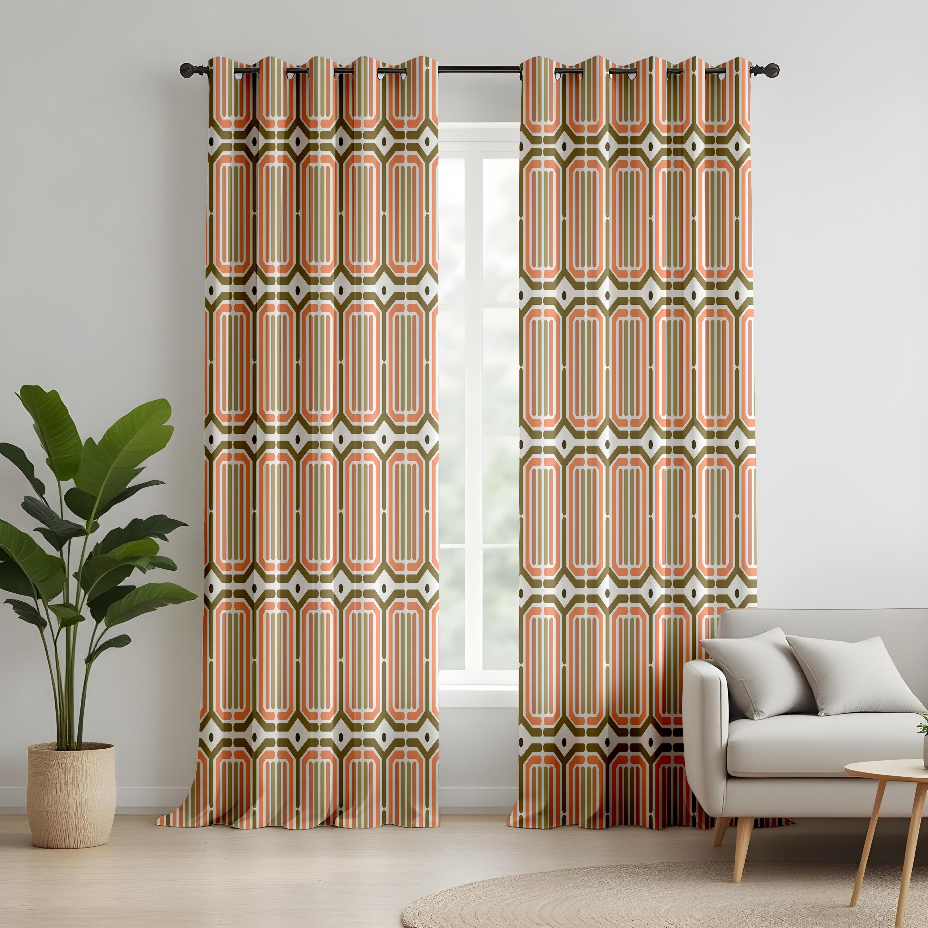 Retro Geometric Living Room Curtains, Olive Green & Coral Pattern