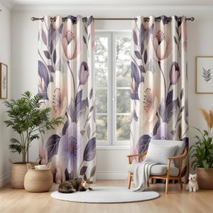 Lavender Blush Pink Floral Blackout Curtains, Watercolor Flower Window Panels for Living Room Bedroom, Purple & White Drapes