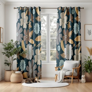 Retro Floral Curtains for Living Room, Teal and Beige Large Flower Drapes, Bold Botanical Window Panels, Vintage Inspired Decor