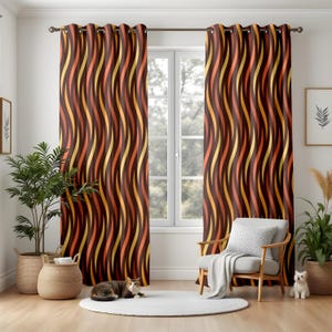 Retro Wave Living Room Curtains, Brown Orange Yellow Striped Drapes, Mid Century Modern Home Decor, Blackout or Thermal Panel