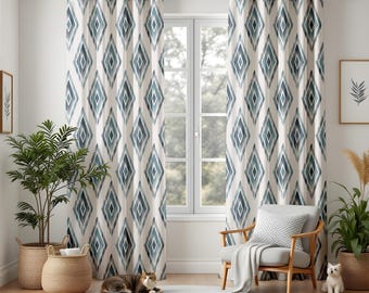 Blue Diamond Pattern Curtains for Living Room, Ikat Style Window Drapes, Boho Coastal Home Decor, Blackout or Thermal Panel