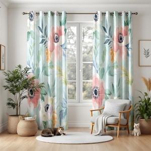 Large Floral Curtains for Living Room, Watercolor Summer Bloom Drapes, Light Blue Botanical Window Panels, Cottage Garden Style