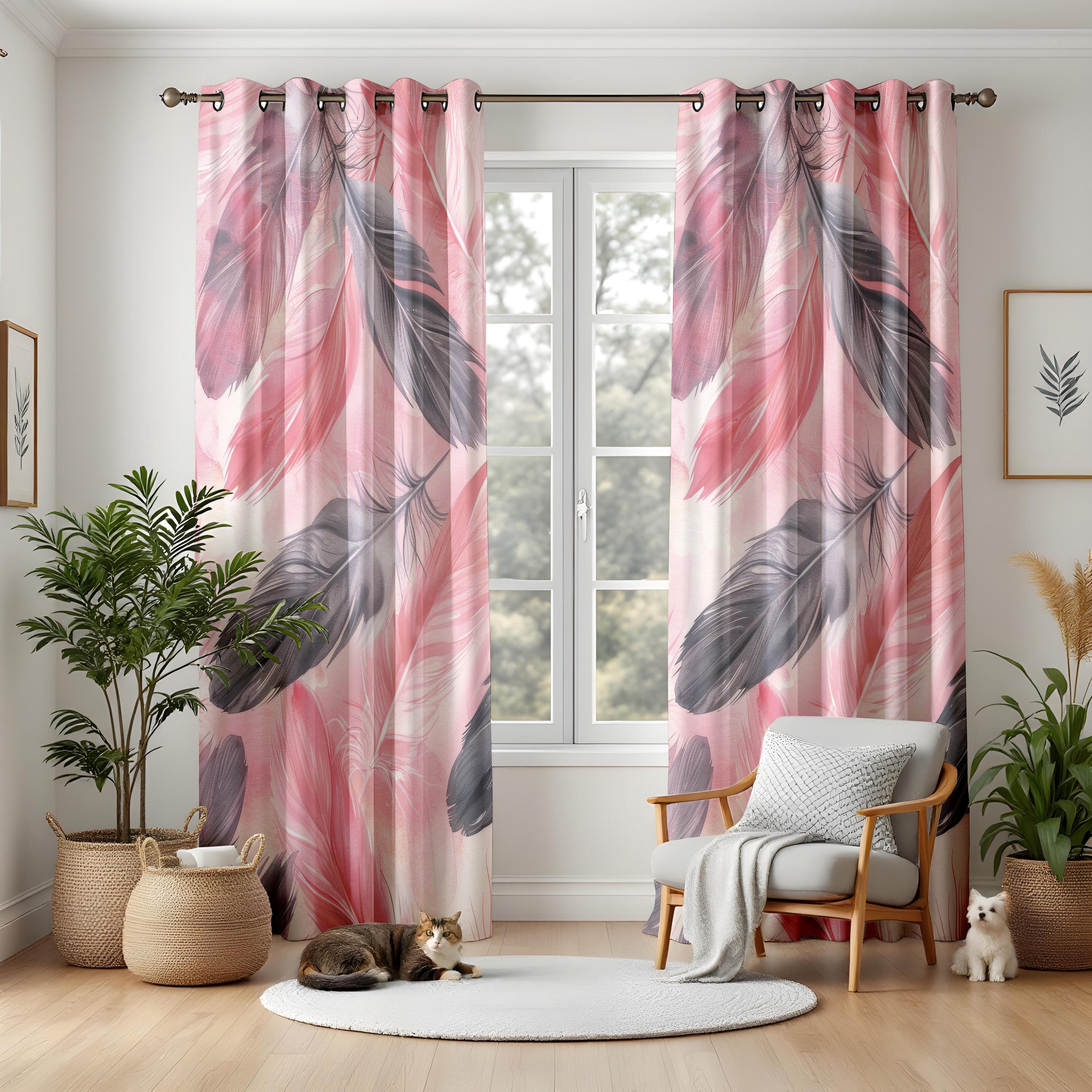 Blush & Gray Feather Living Room Curtains, Pink Boho Drapes, Soft Pastel Window Panels, Blackout or Thermal Lining