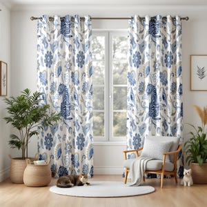Whimsical Blue Tiger Floral Blackout Curtains, Unique Bohemian Jungle Animal Print Drapes, Eclectic & Playful Living Room Decor