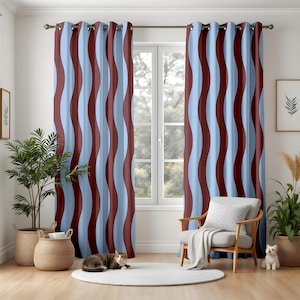 May include: A pair of floor-length curtains featuring a repeating vertical wavy pattern in alternating light blue and deep maroon stripes. The curtains are hung on a dark metal rod with circular grommets at the top, creating uniform folds.