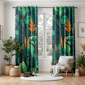 Tropical Jungle Window Curtains, Vibrant Green Leaf Drapes, Boho Living Room Decor, Modern Plant Pattern Panels