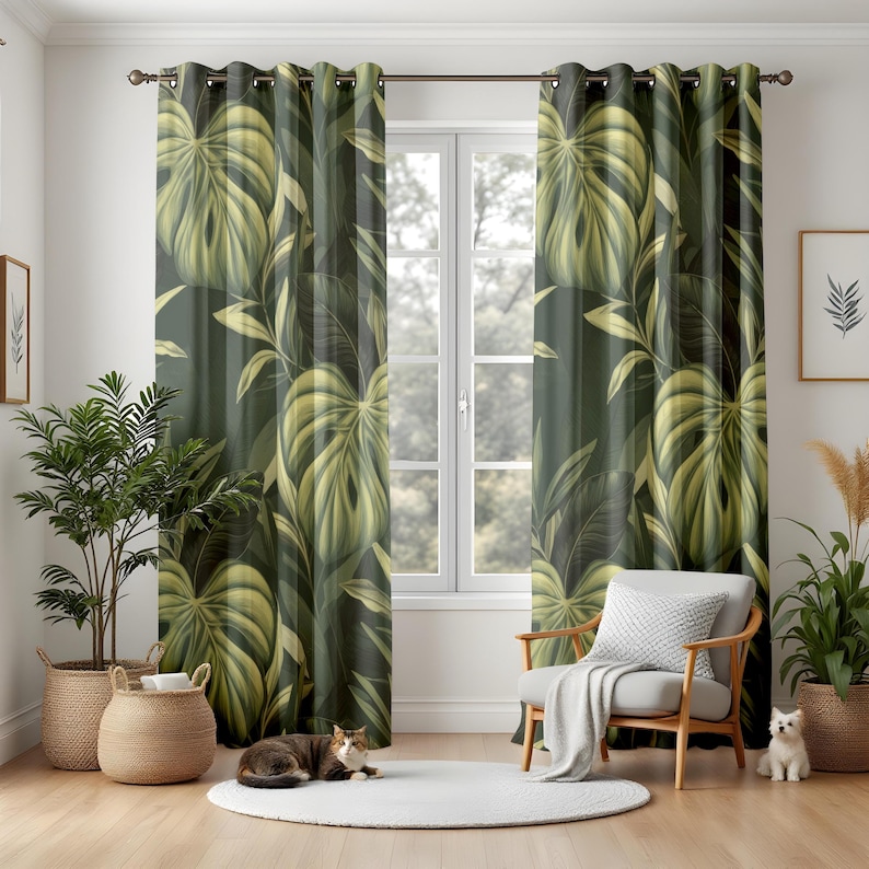 Tropical Green Leaf Blackout Window Curtains, Jungle Botanical Drapes ...