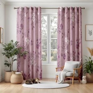 Elegant Floral Blackout Curtains, Dusty Rose & Purple Living Room Drapes, Romantic Botanical Window Panels for a Chic Home Decor