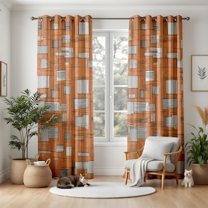 Retro Geometric Living Room Curtains, Orange Block Pattern Drapes, Mid Century Modern Window Panels