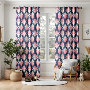 Navy Pink Lotus Trellis Blackout Curtains, Dark Blue Pink Geometric Leaf Diamond Drapes, Window Panels