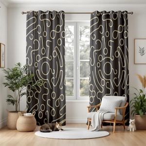 Abstrakt Line Art Wohnzimmer Vorhänge, moderne minimalistische Fenster Vorhänge, dunkelbraun & beige zeitgenössische Paneele