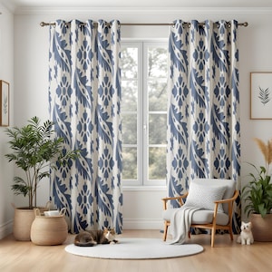 Navy Blue Floral Curtains for Living Room, Classic Cream Botanical Drapes, Elegant Window Panels, Blackout or Thermal Curtain