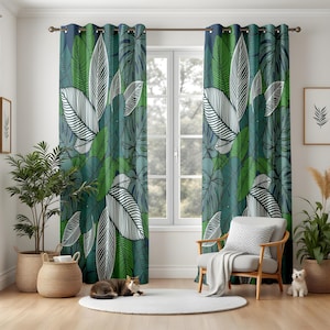 Tropical Leaf Blackout Curtains, Jungle Foliage Living Room Drapes, Botanical Window Panels, Green & White Nature Decor