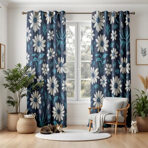 Navy Blue Floral Living Room Curtains, Large Daisy Pattern Drapes, Cottagecore Botanical Window Panels, White & Blue Flower Home Decor
