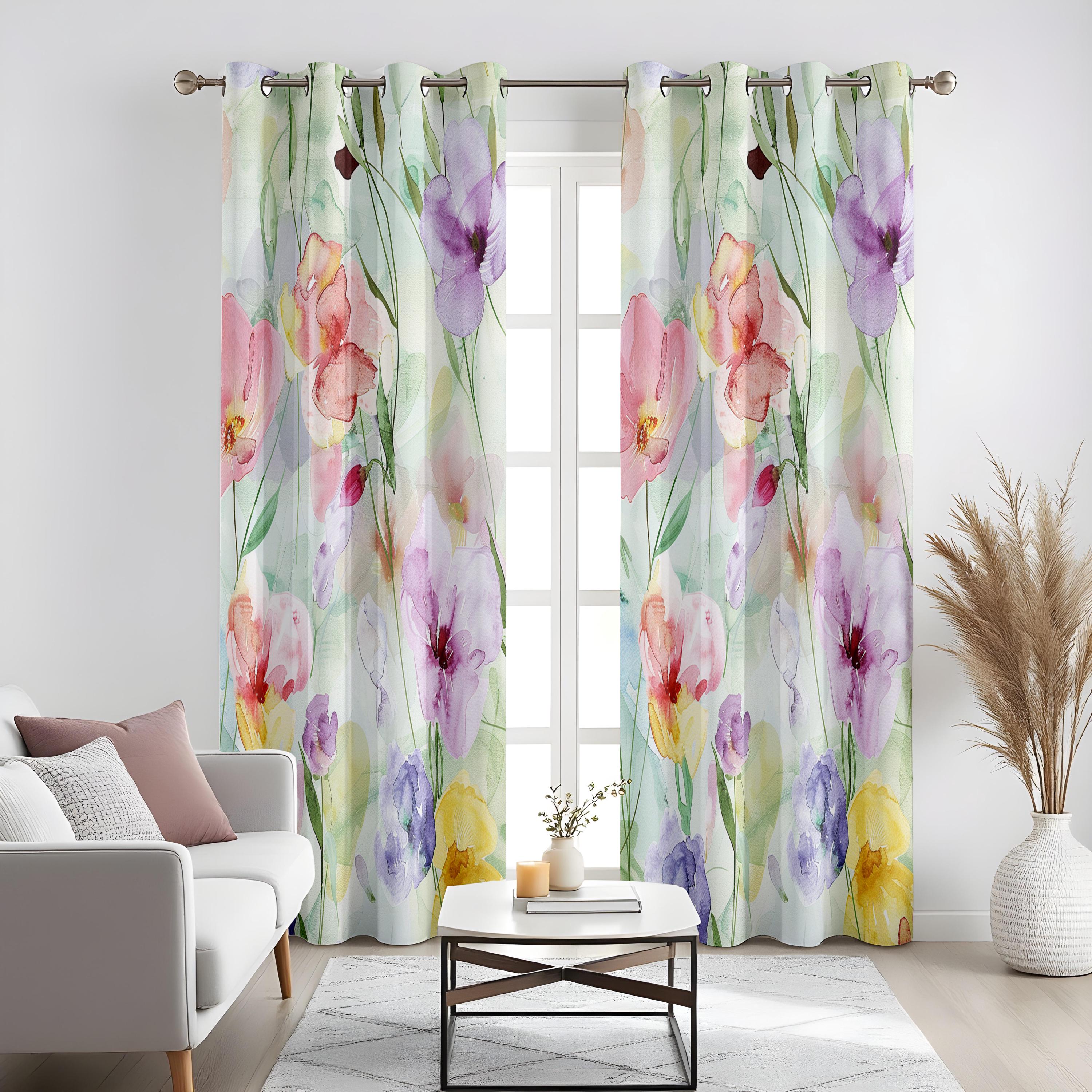 Spring Color Drape Soft Watercolor Floral Curtains, Spring Garden Window Drapes, Pastel ...