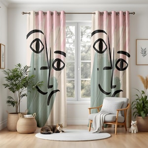 Modern Face Line Art Curtains, Abstract Living Room Drapes, Minimalist Pastel Window Panels with Artistic Flair