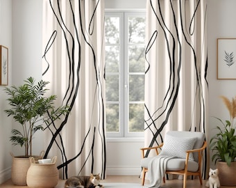 幾何学模様の迷路遮光カーテン、ティール＆ベージュのモダンなリビング