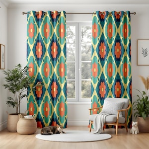 Retro Geometric Blackout Curtains, Mid-Century Teal Orange Drapes, Pop Art Floral Window Panels for a Unique Home Decor