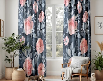 Moody Floral Blackout Curtains, Elegant Navy & Pink Rose Drapes, Unique Botanical Window Panels for a Romantic Home Decor