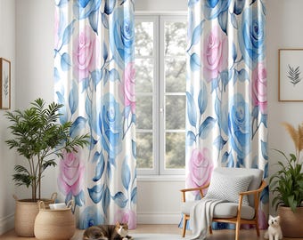 Watercolor Floral Blackout Curtains, Elegant Pink & Blue Rose Drapes, Botanical Window Panels for a Romantic Home Decor
