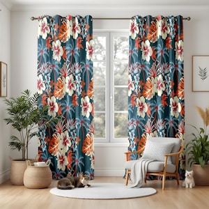 Hawaiian Floral Curtains for Living Room, Tropical Hibiscus Print Drapes, Beach House Window Panels, Summer Island Home Decor