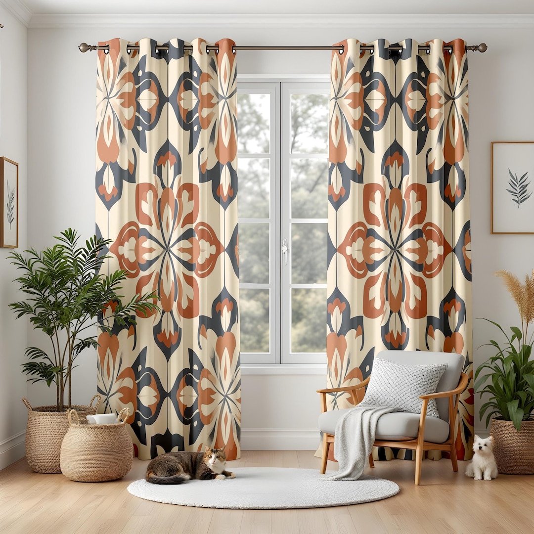 Terracotta Tile Living Room Curtains, Spanish Floral Pattern Draperies ...