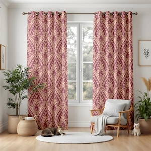 Burgundy Geometric Blackout Curtains, Bohemian Ogee Pattern Window Panels, Beige & Red Drapes for Living Room, Custom Size