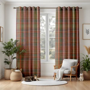 Rustic Plaid Curtains for Living Room, Earth Tone Tartan Window Drapes, Cozy Cottage Style Home Decor
