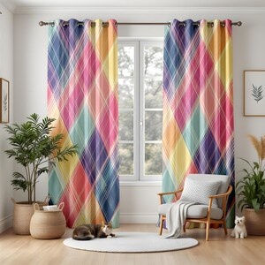 Rainbow Plaid Curtains for Living Room, Colorful Check Pattern Drapes, Retro Pastel Window Panels, Fun Vintage Home Decor