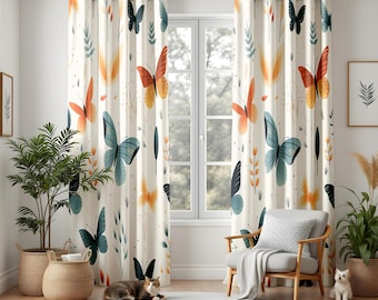 Butterfly Print Window Curtains, Soft Cottagecore Decor, Warm Earthy Tones, Whimsical Nature Inspired Drapes for Living Room