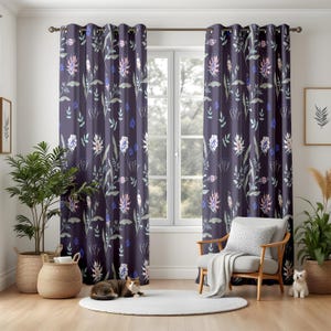 Purple Floral Window Curtains, Botanical Cottagecore Drapes, Elegant Bedroom Panels, Romantic Wildflower Pattern, Cozy Living Room Decor