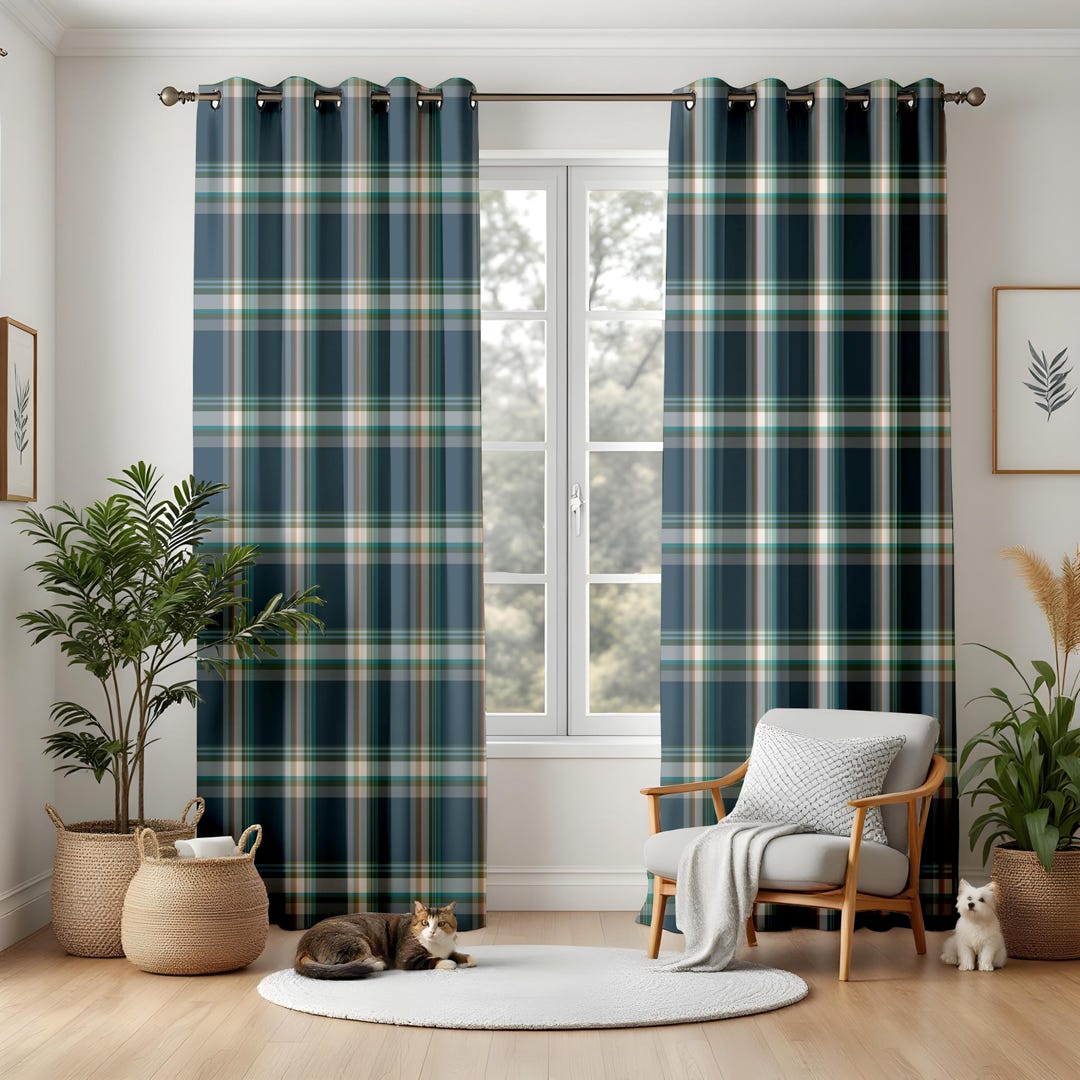 Classic Plaid Living Room Curtains, Navy Green Tartan Drapes, Cozy ...